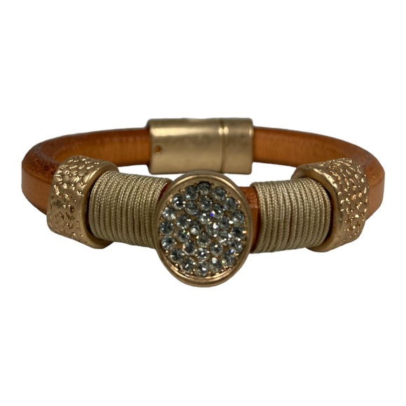 Brown Leather Bracelet with Gold  and Clear Crystals - Picture 2 of 8